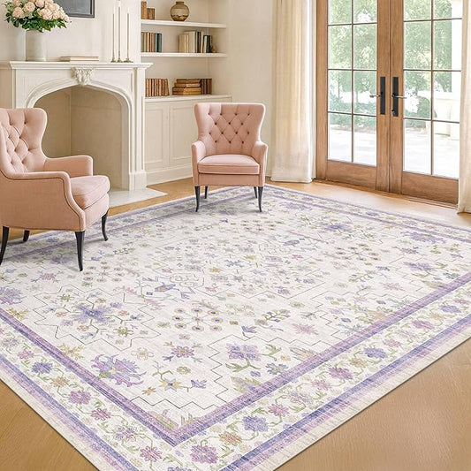 Purple Rugs for Girls Bedroom, Non Slip Machine Washable 4x6 Floral Area Rug for Nursery Kids Room, Living Room, Low Pile Lavender Girly Dorm Pastel Décor