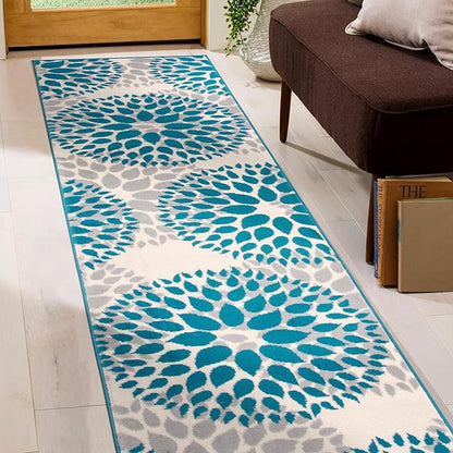 Rugshop Modern Floral Circles Design for Living Room,Bedroom,Home Office,Kitchen Non Shedding Runner Rug 2' x 10' Blue