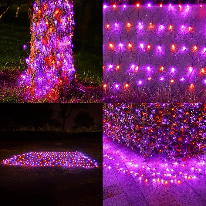 BlcTec Halloween Lights Outdoor 200 LED 8.2ft x 4.9ft Orange Purple Net Lights with 8 Modes, Timer, UL Certified, Connectable, Memory, Waterproof for Lawn, Trees, Bushes Outdoor Halloween Decorations