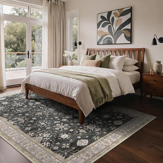 GENIMO 8x10 Area Rugs for Living Room,Machine Washable Non-Slip Vintage Rug, Low Pile Lightweight Carpet for Bedroom, Dining Room, Home Office, Stain & Fade Resistant,Black