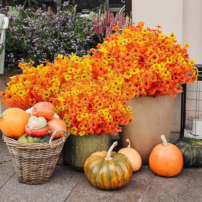 16 Bundles Artificial Mums for Outdoors/Indoors Faux Mums for Outdoor Planters, Eucalyptus Leaves Fall Flowers Artificial for Decoration Boxwood Garden Porch Window Home Wedding (Yellow&Red Orange)