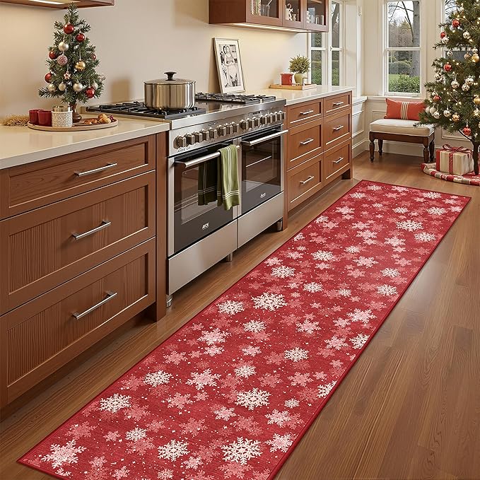 Christmas Runner Rug 2x8, Washable Snowflake Rugs for Living Room, Ultra-Thin Hallway Rug Runner Non Slip, Soft Red Holiday Decor Indoor for Entrance, Bedroom(2'x8', Red/White)