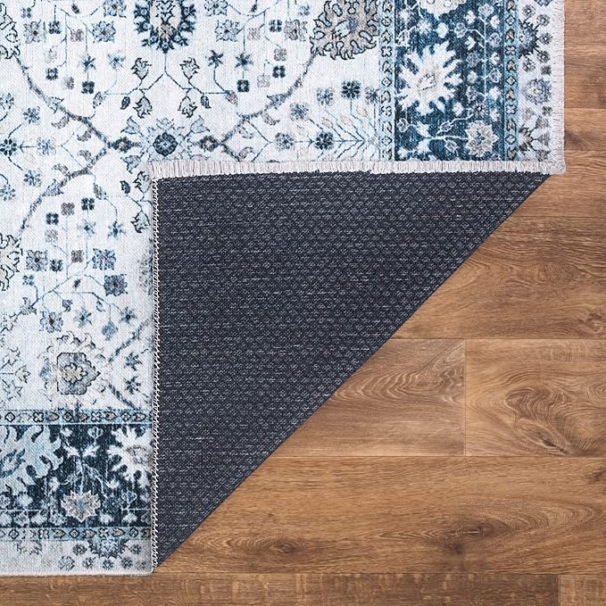 Bloom Rugs Caria Washable Non-Slip 12 ft Runner - Navy Blue Traditional Bordered Runner for Entryway, Hallway, Bathroom, and Kitchen - Exact Size: 2'6" x 12'