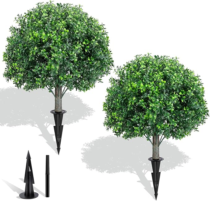 Artificial Boxwood Topiary Ball Tree 2 Pack, UV Resistant Artificial Shrub Bushes with Ground Spike, Fake Evergreen Artificial Plant Bushes for Front Porch, Garden, Indoor, Outdoor Planters