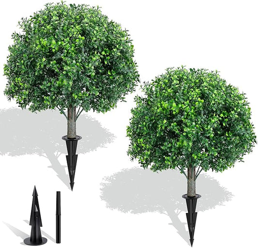 Artificial Boxwood Topiary Ball Tree 2 Pack, UV Resistant Artificial Shrub Bushes with Ground Spike, Fake Evergreen Artificial Plant Bushes for Front Porch, Garden, Indoor, Outdoor Planters