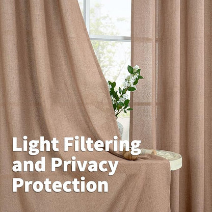 YoungsTex Linen Curtains 63 Inches Length for Short Living Room, Mocha Light Filtering Semi Sheer Drapes with Bronze Grommet for Bedroom, 2 Panels, 42 X 63 Inch