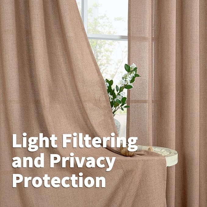 YoungsTex Linen Semi Sheer Curtains 72 Inches Length for Living Room, Mocha Light Filtering Drapes with Bronze Grommet for Bedroom Fall Decor, 2 Panels, 52 X 72 Inch