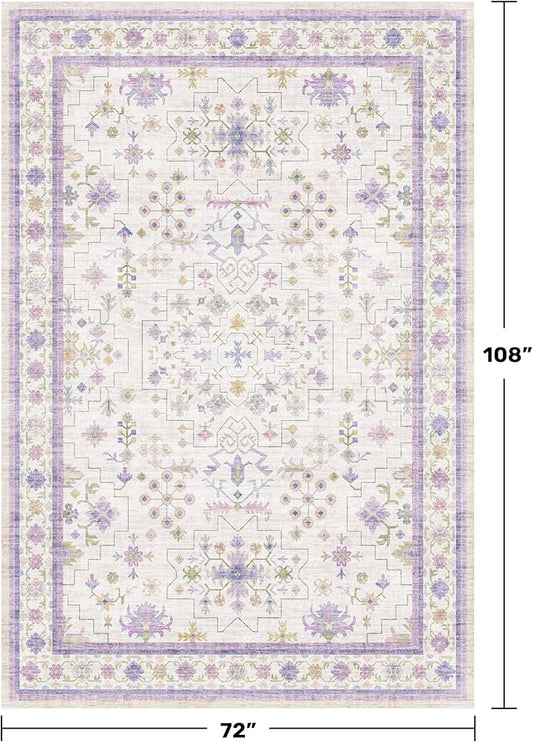 6x9 Lavender Rug for Bedroom, Kids Playroom, Non Slip Large Washable Living Room Area Rug, Low Pile Stain Resistant Foldable Boho Fairy Décor