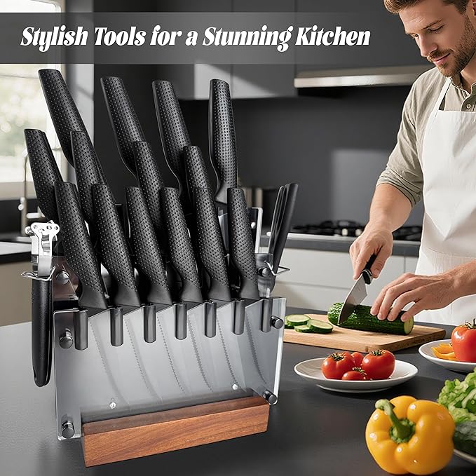 Knife Set, 20 Pcs Kitchen Knife set with block, Sharpener, Finger Guard, Brush, German Stainless Steel, Dishwasher Safe, Anti-slip Handle, Black