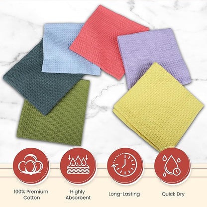 Vintage Vista 100% Cotton Waffle Dish Cloths (Pack of 6) - Dish Rags for Washing Dishes - Reusable & Highly Absorbent Kitchen Towels - Kitchen Rags for Christmas - (12" x 12" - Multicolor I)