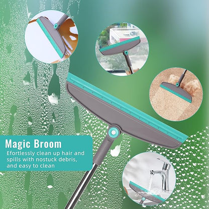 Broom with Dustpan Combo Set, Silicone Broom Squeegee and Scrub Brush Set with Long Adjustable Handle for Indoor & Outdoor Sweeping and Scrubbing, Ideal for Pet Hair, Liquids and Dirt