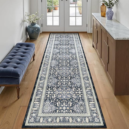 Blue 2'6''x8' Kitchen Runner Rug, Transitional Runners for Hallways Non Slip Washable, Low Pile Thin Entryway Runner Rug Indoor Foyer Mudroom Bathroom Bedroom, Floral Trellis Printed