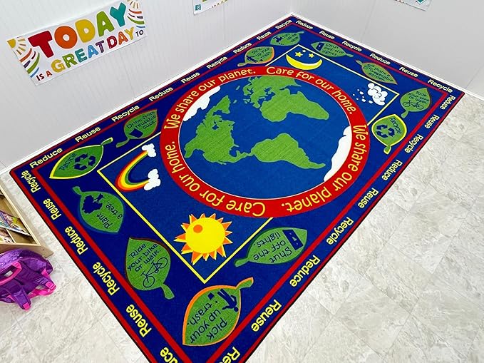 Earth Educational World Area Rug, 7'6" x 12', Multicolored, Educational Classroom Rug, Kids Learning Play Mat | Area Rug for Bedroom or Playroom