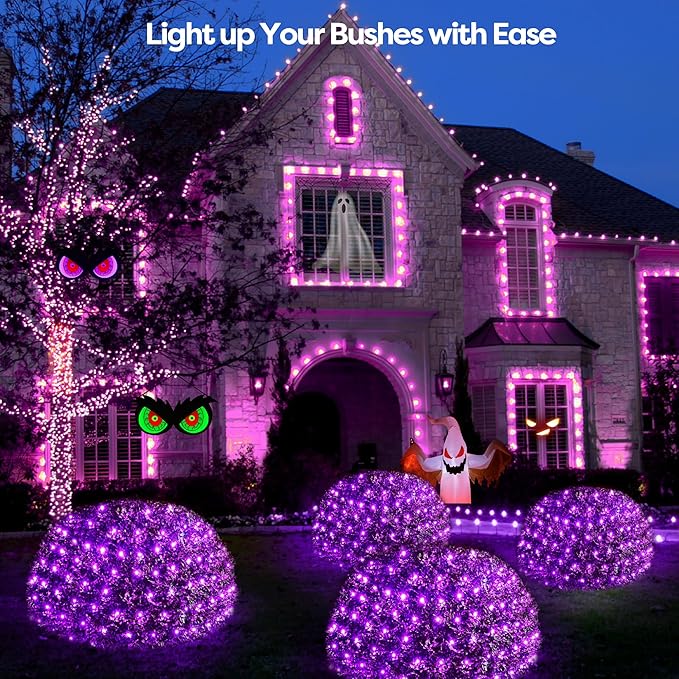 WBao Halloween Lights Outdoor 200LED 8.4ft x 5.2ft Purple Net Lights with 8 Modes, Timer, UL Certified, Connectable, Waterproof & Dark Green Wire for Lawn, Bushes, Trees, Outdoor Halloween Decorations