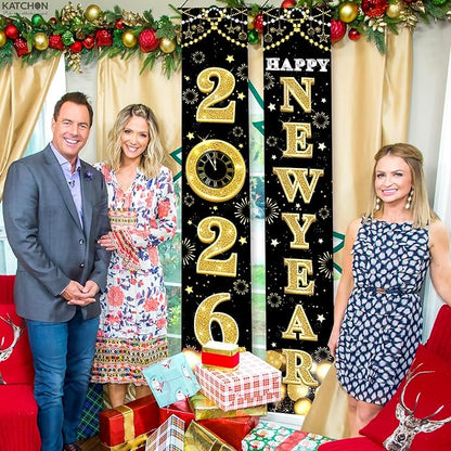 KatchOn XtraLarge 2026 Happy New Year Banner – 72x12 Inch | Black and Gold Happy New Year Door Banner for New Years Decorations 2026 | Porch Banner for New Years Eve Party Supplies 2026 | NYE Decor