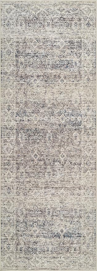 Bloom Rugs Caria Washable Non-Slip 12 ft Runner - Beige Brown/Teal Traditional Runner for Entryway, Hallway, Bathroom, and Kitchen - Exact Size: 2'6" x 12'
