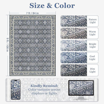 Dark Blue 7x9 Rugs for Bedroom, Washable Non Slip Low Pile Thin Area Rug for Living Room Dining Room, Carpet Rug for Playroom Guest Room Home Office, Transitional Moroccan Floral Trellis
