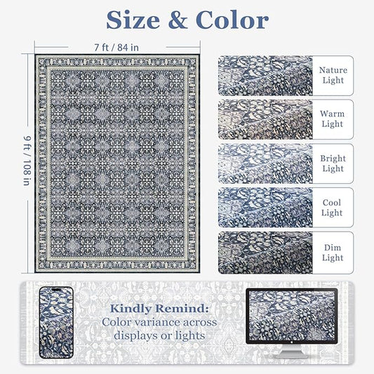 Dark Blue 7x9 Rugs for Bedroom, Washable Non Slip Low Pile Thin Area Rug for Living Room Dining Room, Carpet Rug for Playroom Guest Room Home Office, Transitional Moroccan Floral Trellis