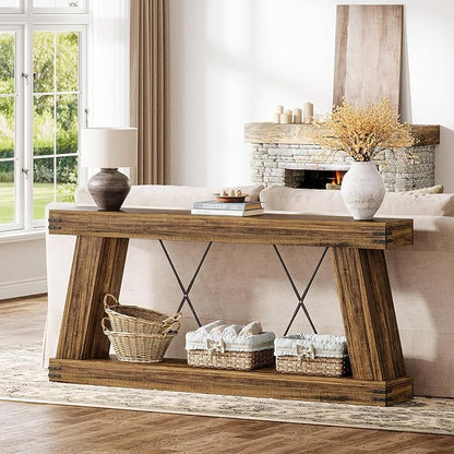 Tribesigns 70.9" Farmhouse Console Table, Long Sofa Table Behind Couch with Storage, Narrow Wooden Console Station, Industrial Rustic Entryway Furniture for Hallway, Entry, Living Room (1, Dark Brown)