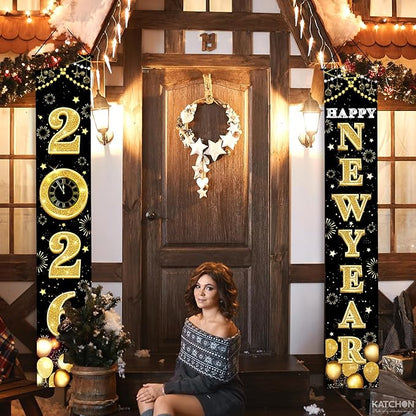 KatchOn XtraLarge 2026 Happy New Year Banner – 72x12 Inch | Black and Gold Happy New Year Door Banner for New Years Decorations 2026 | Porch Banner for New Years Eve Party Supplies 2026 | NYE Decor