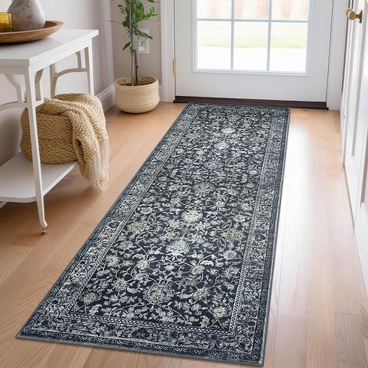 KILOCOCO Hallway Runner 2x6 Rug Runner Printed Vintage Floral Washable Kitchen Runners Non-slip Rubber Backed Runners for Hallways Laundry Room Distressed Boho Rugs for Entryway Bedroom, Navy/Charcoal