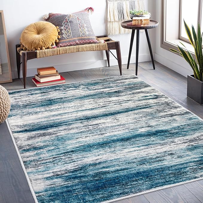 KOZYFLY 4x6 Area Rug Modern Ombre Rugs for Bedroom, Washable Rug Non-Slip Soft Striped Living Room Area Rug, Print Grey-Blue Abstract Carpet for Laundry Nursery