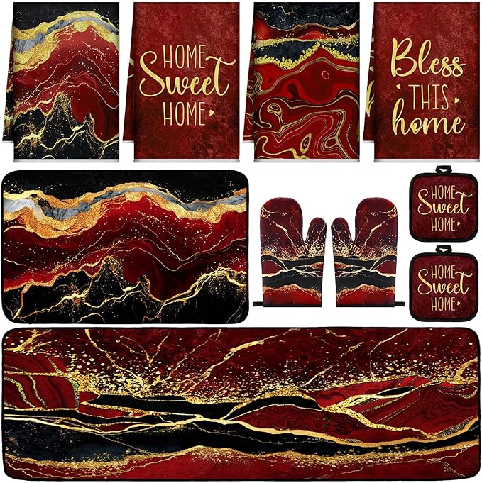 10 Pcs Christmas Marble Farmhouse Kitchen Decor Accessories Set Marble Kitchen Dish Towels Rugs Oven Mitts and Pot Holders Sets for Cooking Baking Daughter Mom Gift(Red)