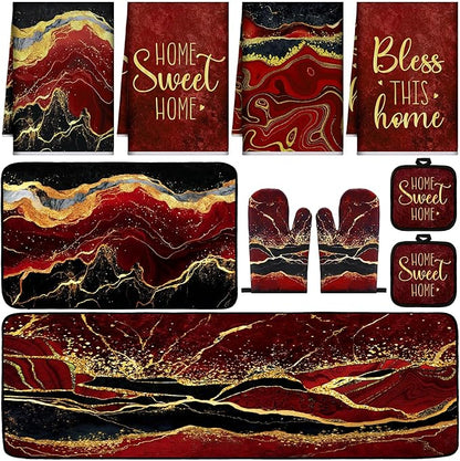 10 Pcs Christmas Marble Farmhouse Kitchen Decor Accessories Set Marble Kitchen Dish Towels Rugs Oven Mitts and Pot Holders Sets for Cooking Baking Daughter Mom Gift(Red)