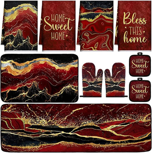 10 Pcs Christmas Marble Farmhouse Kitchen Decor Accessories Set Marble Kitchen Dish Towels Rugs Oven Mitts and Pot Holders Sets for Cooking Baking Daughter Mom Gift(Red)