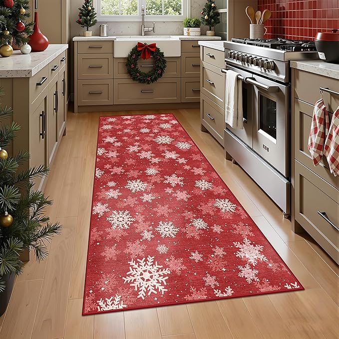 2x5 Christmas Runner Rug for Kitchen, Snowflake Rugs for Bathroom, Washable Hallway Runner with Non-Slip Backing, Soft Red and White Christmas Decor Indoor(2'x5', Red/White)