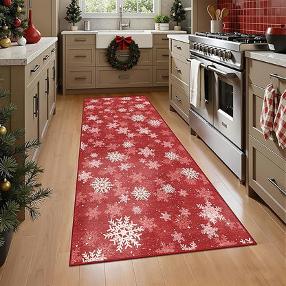 2x5 Christmas Runner Rug for Kitchen, Snowflake Rugs for Bathroom, Washable Hallway Runner with Non-Slip Backing, Soft Red and White Christmas Decor Indoor(2'x5', Red/White)