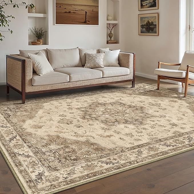 Brown Area Rug 4x6 Washable Vintage Carpet for Office Living Room Soft Retro Low Pile Thin Indoor Rug Non Slip Oriental Medallion Floor Cover for Bedroom Kitchen Dining Room