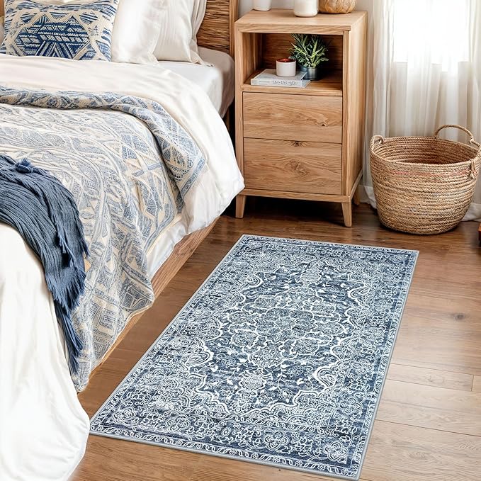 KUTA Entryway Rugs Indoor Non-Slip Washable Small Area Rug 2x3 Blue Entrance Carpet Soft Printed Vintage Floral Distressed Tribal Farmhouse Low-Pile Door Mat for Bedroom Kitchen