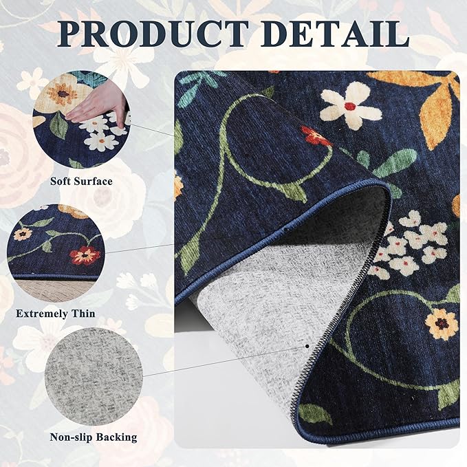 DUKINO Runner Rug, 2.6x8 Kitchen Rug for Hallway with Non Slip Backing, Washable Low Pile Soft Boho Floral Runner Carpet for Hallway, Kitchen, Entryway, Laundry, Bedroom, Dark Blue