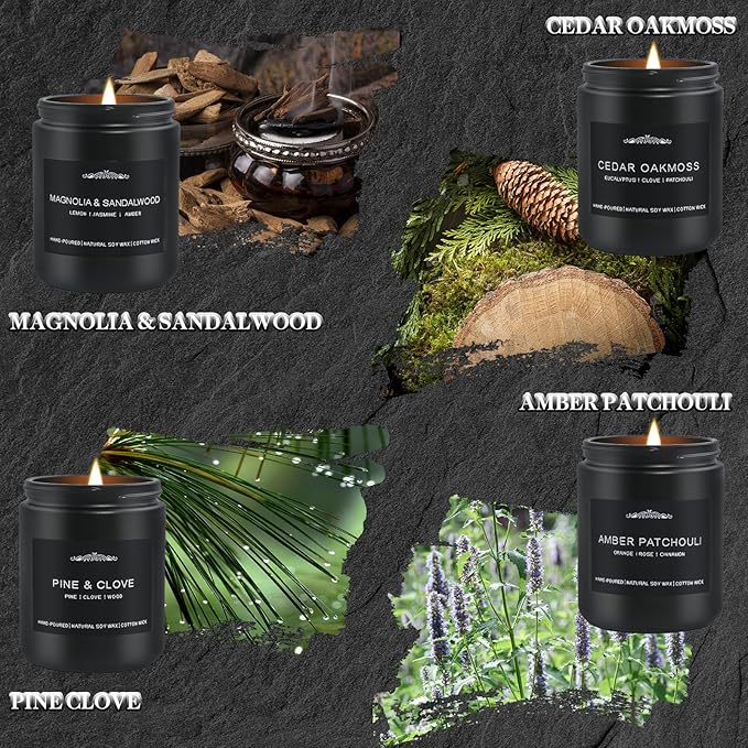 Scented Candle Set for Men, 4 Pack Black Jar Candles with Manly Scents – Amber Patchouli, Magnolia Sandalwood, Cedar Oakmoss, Pine Clove, Soy Wax Aromatherapy Gift for Him, Dad, Husband, Father's Day