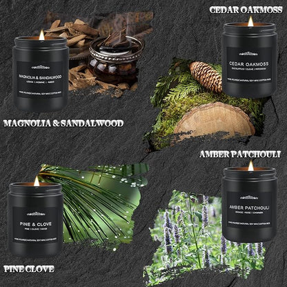 Scented Candle Set for Men, 4 Pack Black Jar Candles with Manly Scents – Amber Patchouli, Magnolia Sandalwood, Cedar Oakmoss, Pine Clove, Soy Wax Aromatherapy Gift for Him, Dad, Husband, Father's Day