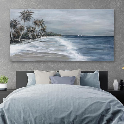 Coastal Wall Art Blue Gray Beach Wall Decor Landscape Abstract Canvas Painting Modern Ocean Artwork Framed for Living Room Bedroom Bathroom Office Decor 48"x24"Can Be Hung Directly
