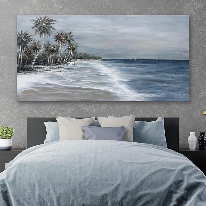 Coastal Wall Art Blue Gray Beach Wall Decor Landscape Abstract Canvas Painting Modern Ocean Artwork Framed for Living Room Bedroom Bathroom Office Decor 58"x29"Can Be Hung Directly