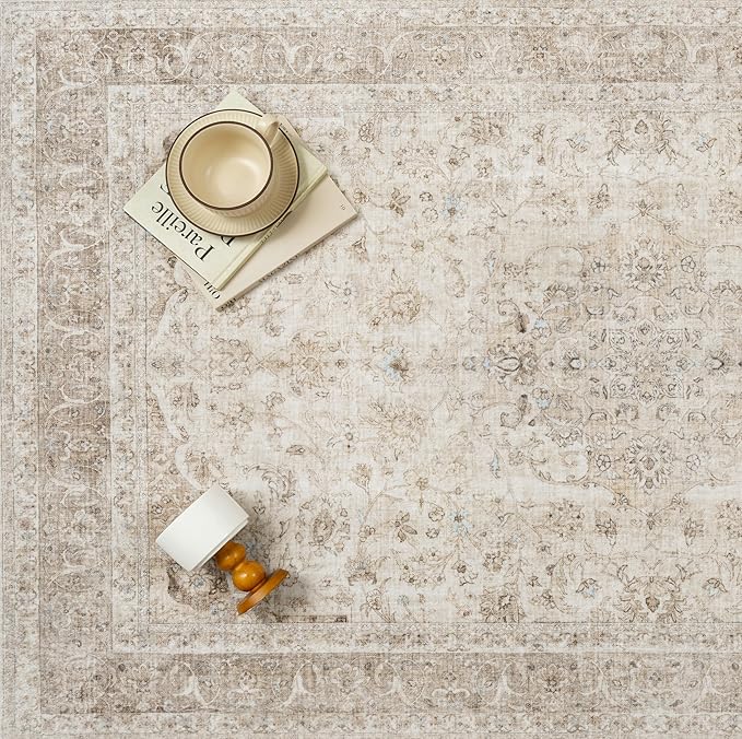 Beige Area Rug 3x4 Washable Office Entryway Vintage Carpet Low Pile Non Slip Distressed Door Mat Soft Traditional Retro Oriental Small Accent Throw Rug Kitchen Bedroom Bathroom Dining Room