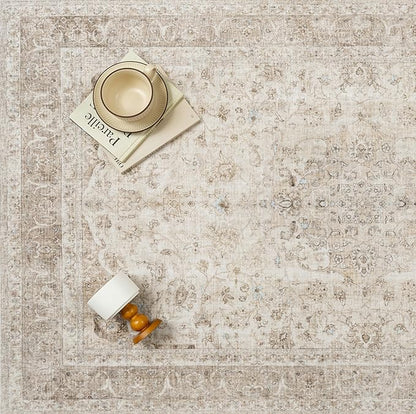 Beige Area Rug 5x7 for Living Room Washable Vintage Carpet Low Pile Non Slip Distressed Soft Traditional Retro Oriental Large Accent Throw Rug Office Kitchen Bedroom Bathroom Dining Room