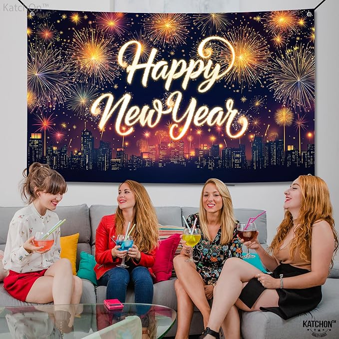 KatchOn, XtraLarge Happy New Year Banner - 72x44 Inch | Neon New Year Backdrop 2026 | Neon New Years Decorations 2026 | NYE Eve Banner For NYE Decorations 2026 | New Years Eve Party Supplies 2026