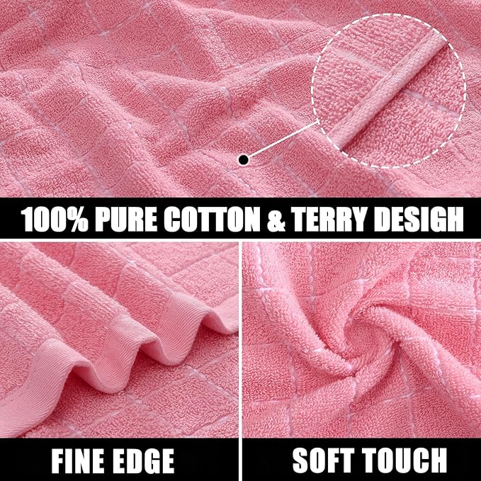 Mordimy 100% Cotton Terry Cloth Dish Cloths, Soft and Absorbent Checkered Dish Towels, Quick Drying Dish Rags for Washing Dishes, 8 Pack, 12 x 12 Inches, Pink