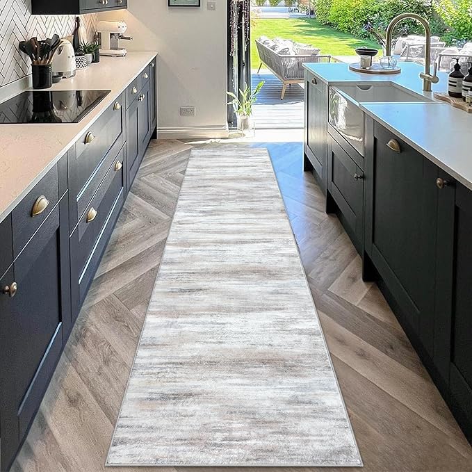 KOZYFLY Modern Abstract Kitchen Runner Rug, 2x10 Washable Rug Runner Non-Slip Soft Striped Hallway Runner Rugs, Beige Print Carpet Runner for Entryway Bathroom Laundry Room Foyer