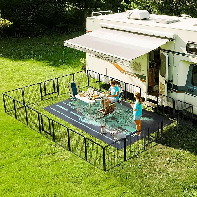 FXW Instant Unleashed Dog Playpen, Portable Pet Fence for Outdoor, RV Trips, and Camping, 24 inch, 24 Panels for Puppy and Small Dogs with 7' x 9' RV Mat│Patented