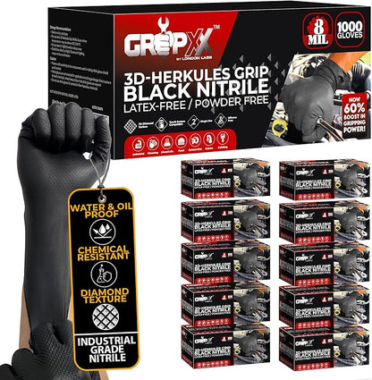 Herkules Grip Heavy Duty 8Mil Black Nitrile Gloves,3D Raised Diamond Texture-Latex & Powder-Free Industrial, Mechanic