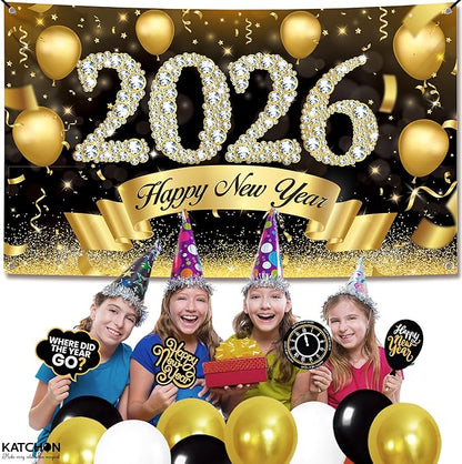 Katchon, Xtralarge Happy New Year Banner - 72x44 Inch | Happy New Year 2026 Banner for New Years Decorations 2026 | New Years Backdrop for New Years Eve Party Supplies 2026 | NYE Decorations 2026