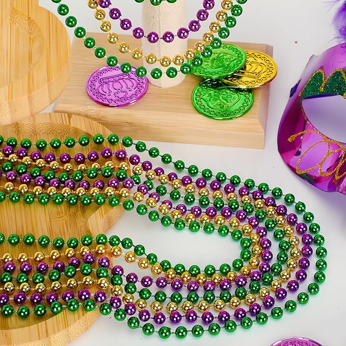 200PCS Mardi Gras Beads, Mardi Gras Green Purple Gold Metallic Beads Necklaces Accessories Bulk, Carnival Mardi Gras Beads Costumes Women Men for Parade Throws Party Decorations Favor Supplies