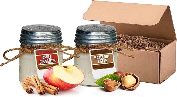 Aira Soy Candle Gift Set - Organic, Kosher, Vegan in Mason Jar w/Therapeutic Grade Essential Oils - Hand-Poured 100% Soy Candle Wax - No Paraffin - Apple Cinnamon & Hazelnut Latte - 8 Ounce x 2