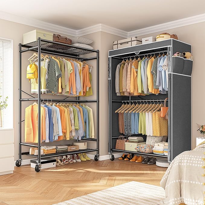 Raybee 80.32" H Clothes Rack with Cover,Rolling Clothing Racks for Hanging Clothes with Wheels,Heavy Duty Portable Garment Rack 35.4" Wx15.75 Dx80.32 H,Black