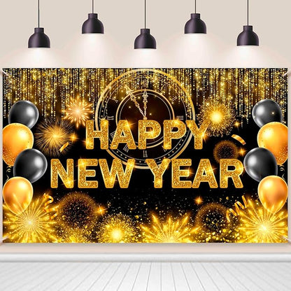 Black Gold Happy New Year Backdrop 2026 Kiss Me at Midnight Photography Background Cheers to The New Year Eve Hello 2026 Party Decorations Firework Banner Photo Props 7x5 ft